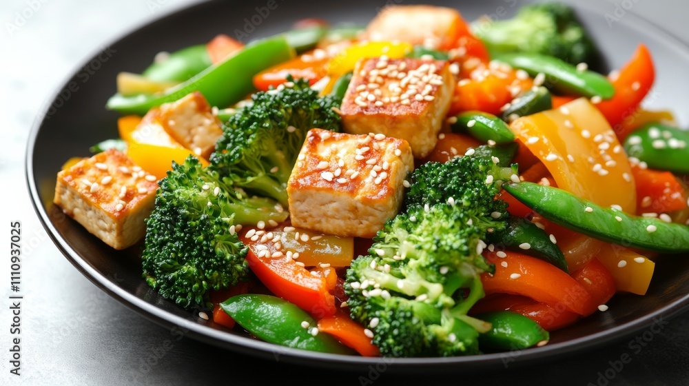 Photo of, A colorful plate of vegetable stir-fry with tofu, bell peppers Photo of, A colorful plate of vegetable stir-fry with tofu, bell peppers