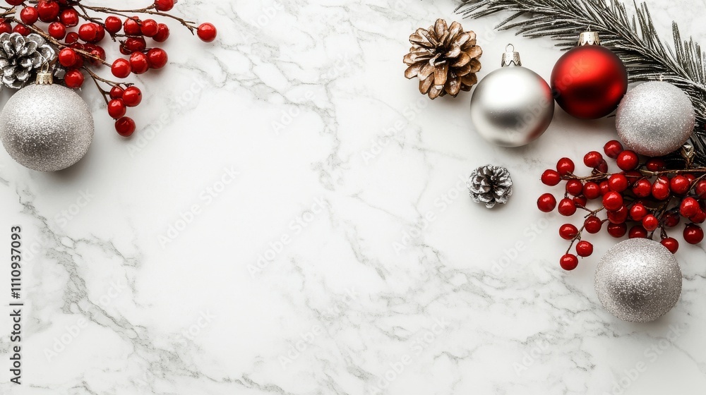 A delightful assortment of silver and red Christmas baubles, pine cones, and berries, arranged beautifully on a marble background, embodying the holiday spirit. A delightful assortment of silver and red Christmas baubles, pine cones, and berries, arranged beautifully on a marble background, embodying the holiday spirit.