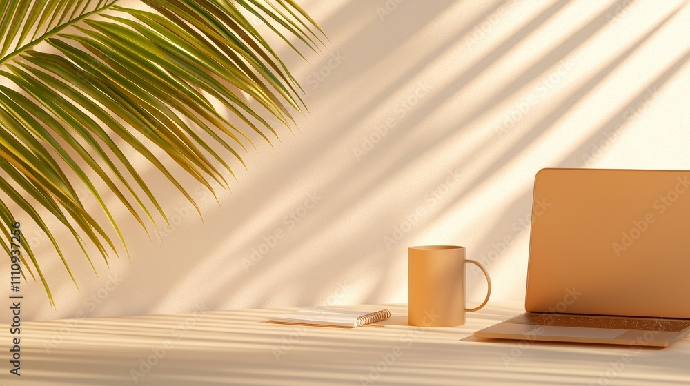 Laptop, mug, notepad, palm leaf
Laptop, mug, notepad, palm leaf