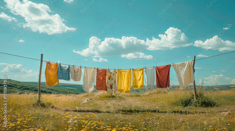 Colorful clothing drying on a clothesline in a sunny rural landscape. Colorful clothing drying on a clothesline in a sunny rural landscape.