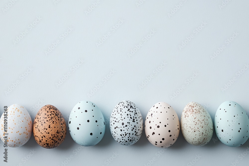 Fototapeta premium Pastel-colored eggs with speckled patterns are arranged in a straight line, creating a simple yet elegant visual display with a minimalistic color palette and smooth textures.