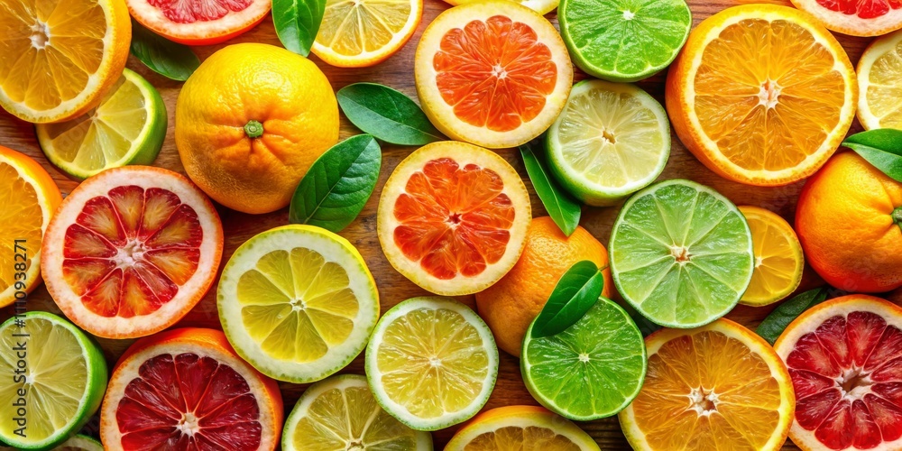 Citrus Symphony Lush Close-Up of Vibrant Citrus Fruit Slices on Warm Wooden Surface - Fresh, Appetizing, Food Photography for Blogs, Recipes, and More