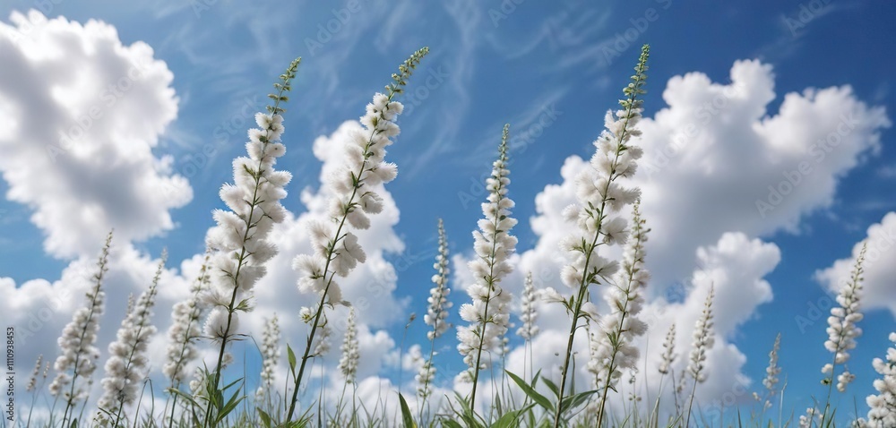 Gently swaying stems against a bright blue sky with white fluffy clouds , meadow, garden, serene Gently swaying stems against a bright blue sky with white fluffy clouds , meadow, garden, serene