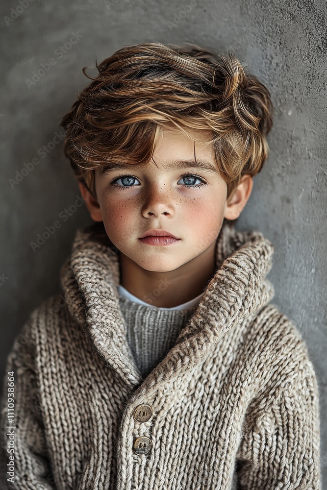Young boy with wavy hair and light blue eyes wearing a cozy knitted sweater poses against a neutral background, capturing a moment of innocence and charm in a warmly lit setting Young boy with wavy hair and light blue eyes wearing a cozy knitted sweater poses against a neutral background, capturing a moment of innocence and charm in a warmly lit setting