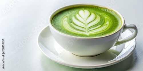 Artistic Matcha Latte in Ceramic Cup Leaf Design, Tranquil Green Tea Beverage on Saucer, Serene Minimalistic Background, Perfect for Relaxing Cafe Vibes