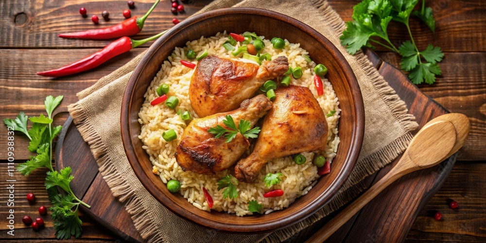 A Rustic Feast for the Senses Magnificent Roasted Chicken Legs in Dark Brown Bowl on Wood Table. Rich textures, vibrant colors, inviting ambiance A Rustic Feast for the Senses Magnificent Roasted Chicken Legs in Dark Brown Bowl on Wood Table. Rich textures, vibrant colors, inviting ambiance