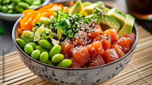 Photo of, A colorful poke bowl filled with cubed raw fish, avocado