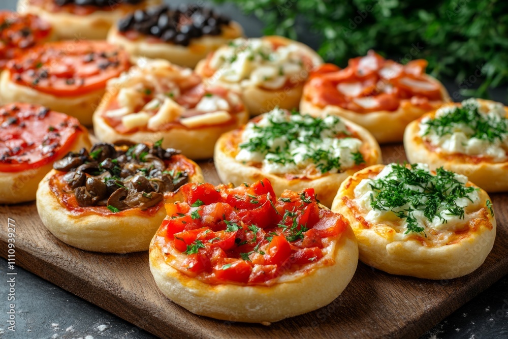 Delicious assortment of mini pizzas showcasing fresh ingredients on a wooden surface Delicious assortment of mini pizzas showcasing fresh ingredients on a wooden surface