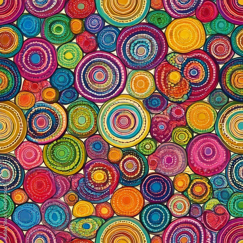Fototapeta premium Vector watercolor circles seamless pattern (tiled). Retro hand drawn circles ornament. Round shapes pattern. Round shapes. Painted ornament. Grunge colorful rounds shapes.