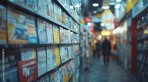 Close-up of software packages on a shelf in a bustling store.