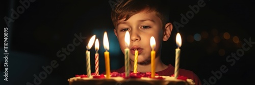 Young boy making a wish while blowing out candles on a birthday cake at night with soft lights glowing photo