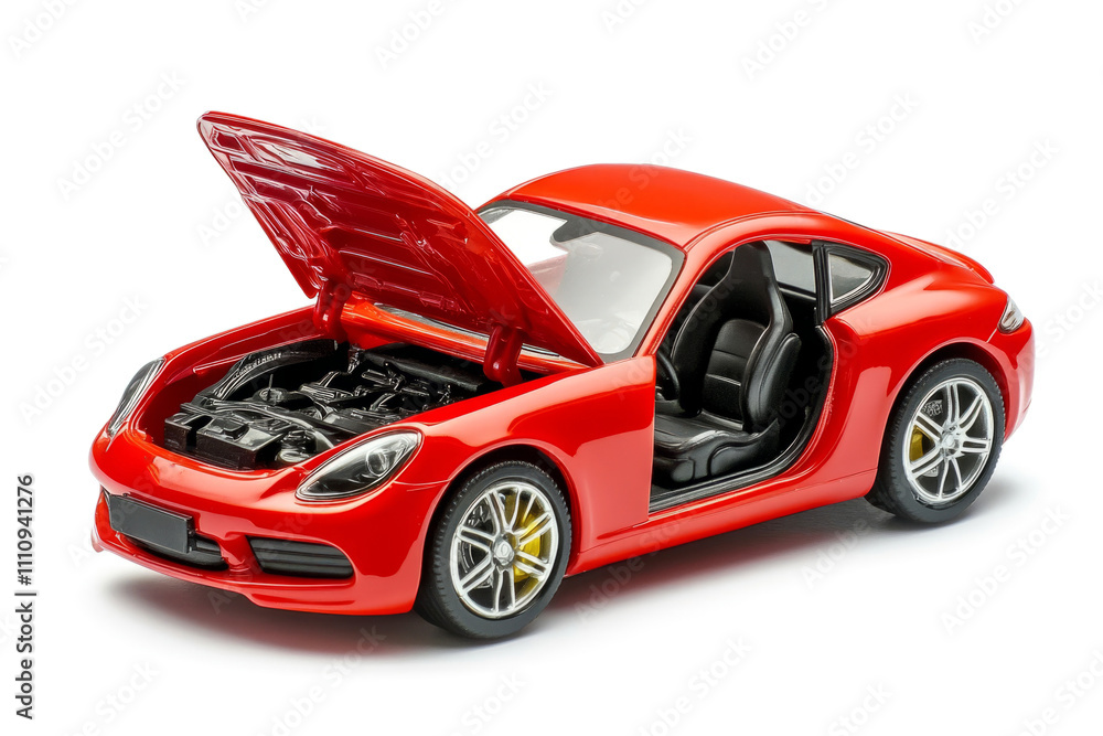 Red toy car with open hood and door, isolated on white background, showing engine Red toy car with open hood and door, isolated on white background, showing engine