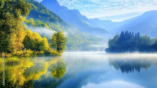 Misty Lake Morning, serene lake enveloped in gentle fog, tranquil waters reflecting distant mountains, creating a peaceful and atmospheric scene for relaxation or inspiration