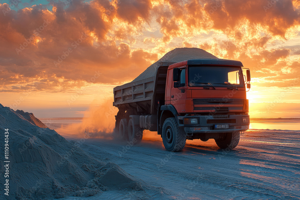 Red dumper truck driving on a sandy beach at sunset, carrying a load of sand, creating dust clouds Red dumper truck driving on a sandy beach at sunset, carrying a load of sand, creating dust clouds