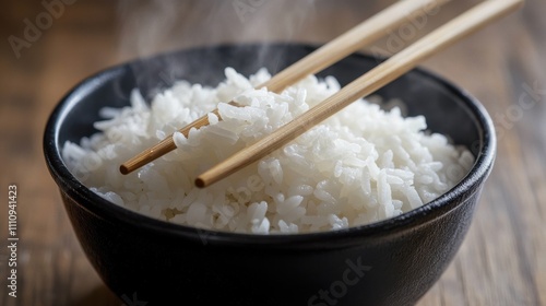 Steaming bowl of fluffy white rice served with chopsticks on a wooden table at a cozy dining setting