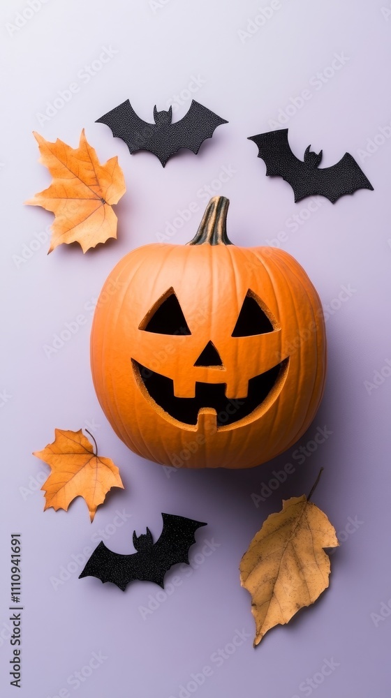 A jolly Halloween theme with a carved pumpkin adorned by black bats and scattered autumn leaves on a soft backdrop, capturing the festive spooky season essence. A jolly Halloween theme with a carved pumpkin adorned by black bats and scattered autumn leaves on a soft backdrop, capturing the festive spooky season essence.