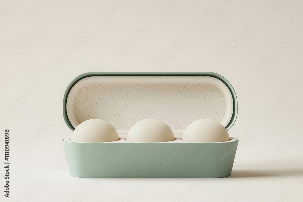 Package Protection Safety Concept, Three eggs in a modern green holder Package Protection Safety Concept, Three eggs in a modern green holder