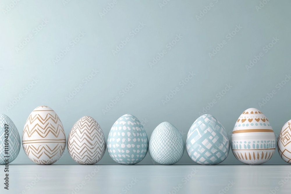 A series of pastel-colored eggs with intricate designs are arranged in a neat row against a soft blue backdrop, creating a serene and artistic display. A series of pastel-colored eggs with intricate designs are arranged in a neat row against a soft blue backdrop, creating a serene and artistic display.