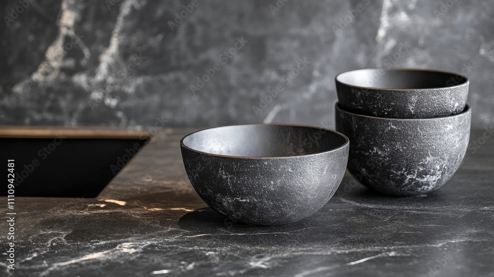 Black Bowls on a Marble Countertop Black Bowls on a Marble Countertop