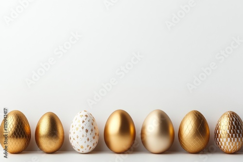 An elegant row of shimmering gold and white Easter eggs displayed against a minimalist background, embodying sophistication and luxury in a modern composition.