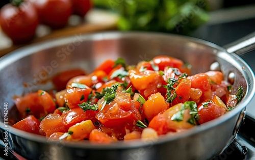 A vibrant skillet filled with sauteed tomatoes and herbs, showcasing fresh ingredients that promise a flavorful dish.