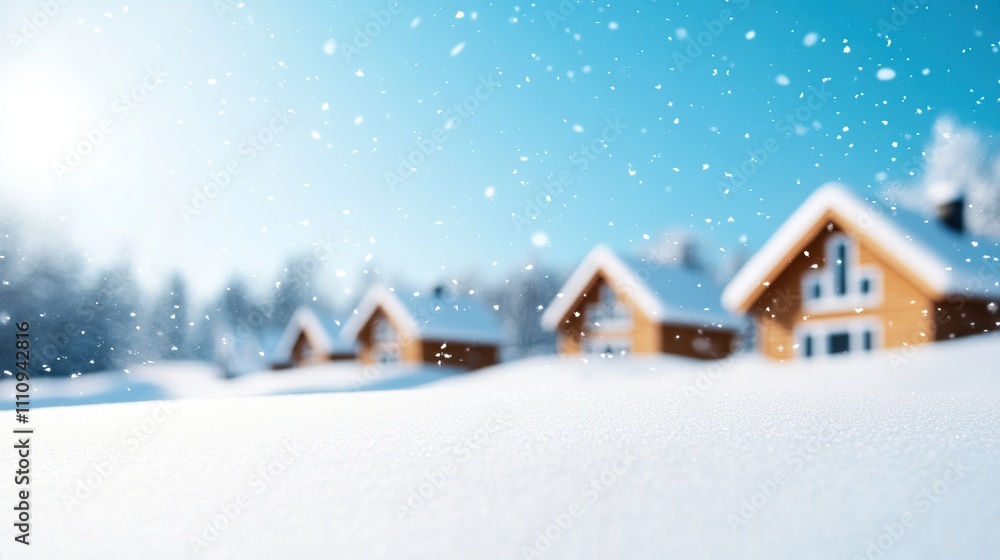 A serene winter scene featuring charming wooden houses blanketed in snow, with gentle snowfall and a bright blue sky in the background. A serene winter scene featuring charming wooden houses blanketed in snow, with gentle snowfall and a bright blue sky in the background.