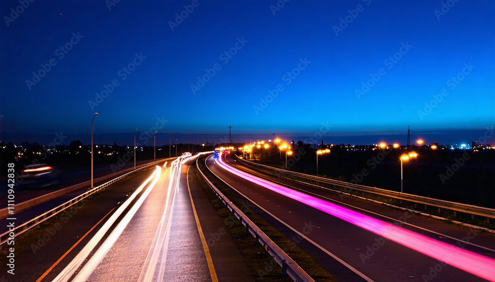 A long-exposure photograph of a highway at night, showing colorful light trails of cars speeding by A long-exposure photograph of a highway at night, showing colorful light trails of cars speeding by