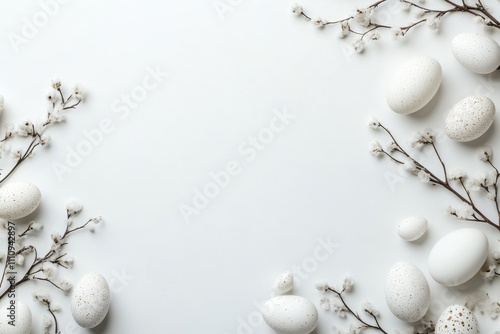 A serene arrangement featuring delicate white eggs creatively scattered alongside twigs with budding flowers, presenting an elegant and minimalist composition. photo