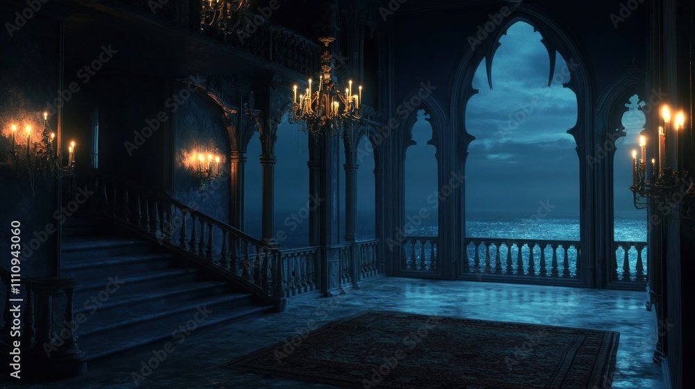 Fototapeta premium Gothic palace hall at night, ocean view.