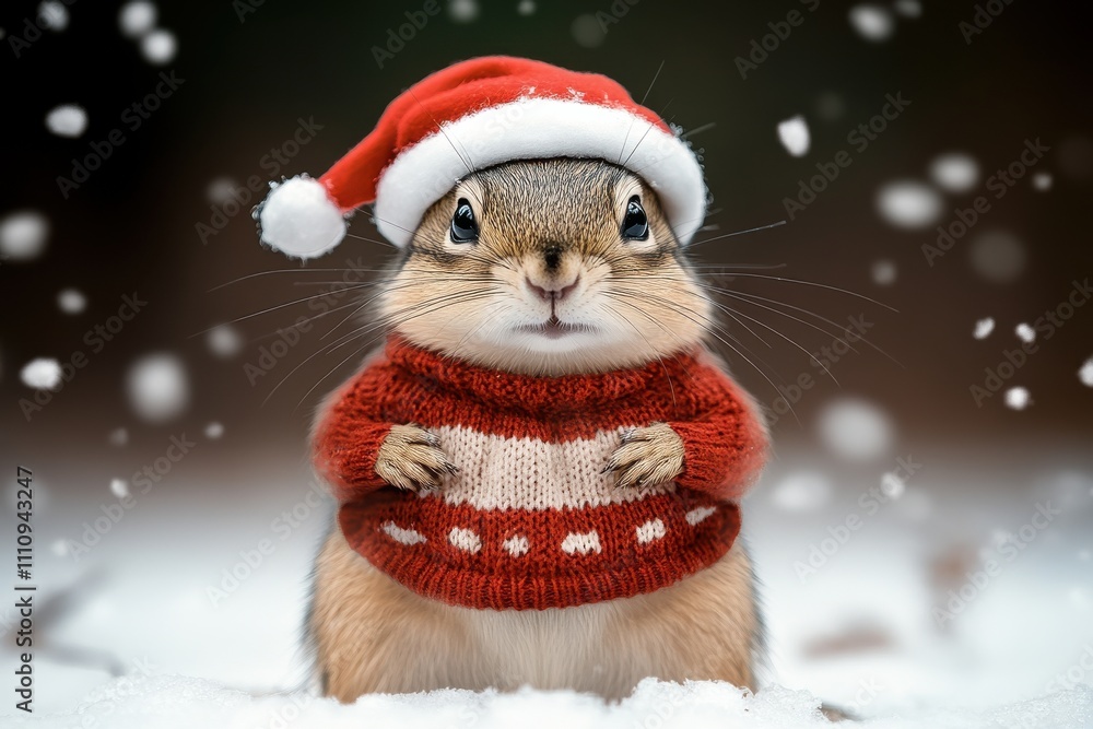 Cute squirrel wearing a festive red sweater and Santa hat in the snow during a winter wonderland setting Cute squirrel wearing a festive red sweater and Santa hat in the snow during a winter wonderland setting