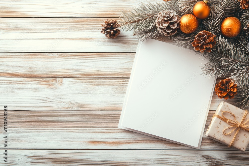 Obraz premium Golden ornaments and pine branches elegantly placed on wooden planks, accompanied by wrapped gifts, conveying warmth and elegance for a festive winter season.