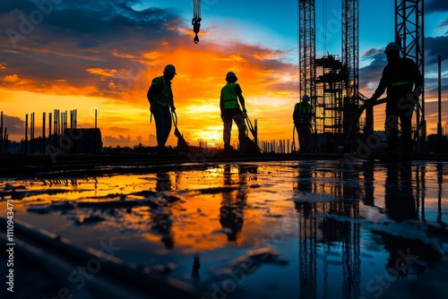 Construction workers cleaning building site at sunset with beautiful reflection in water