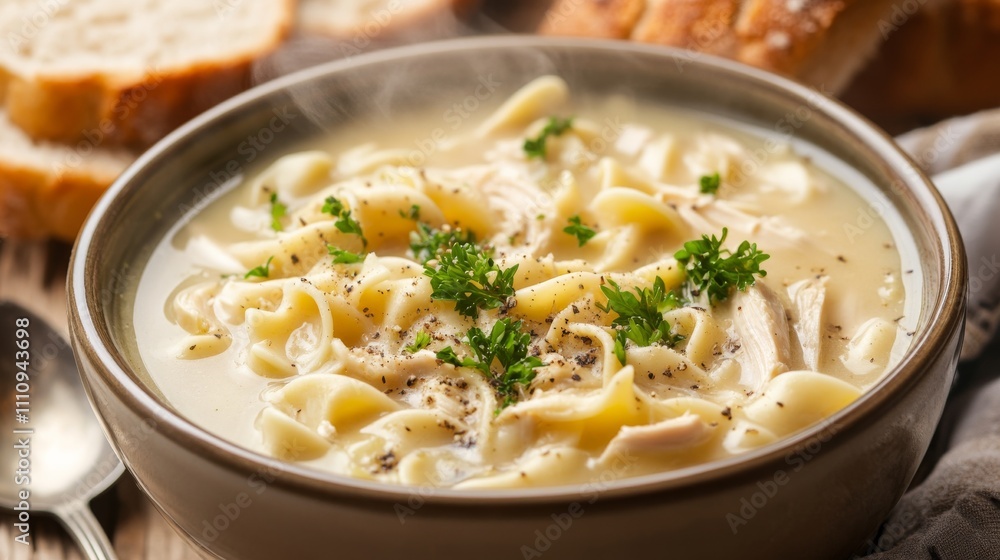 Photo of, A comforting bowl of chicken noodle soup garnished with chopped parsley and a lemon wedge, Chicken noodle soup served in a ceramic bowl with steam rising delicately Photo of, A comforting bowl of chicken noodle soup garnished with chopped parsley and a lemon wedge, Chicken noodle soup served in a ceramic bowl with steam rising delicately