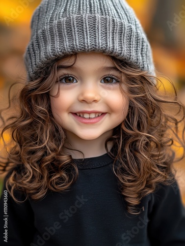 Young child with curly hair wearing a knitted gray hat smiles warmly in a colorful autumn park