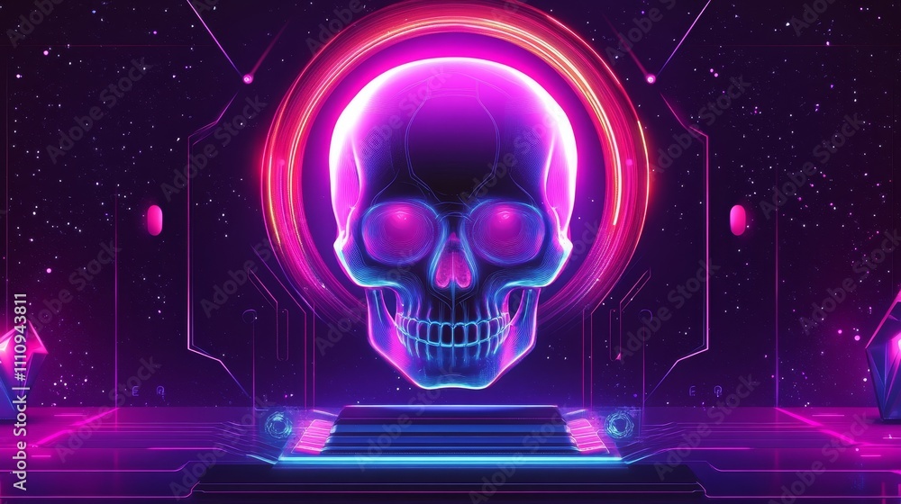 Futuristic glowing digital skull composition background Futuristic glowing digital skull composition background