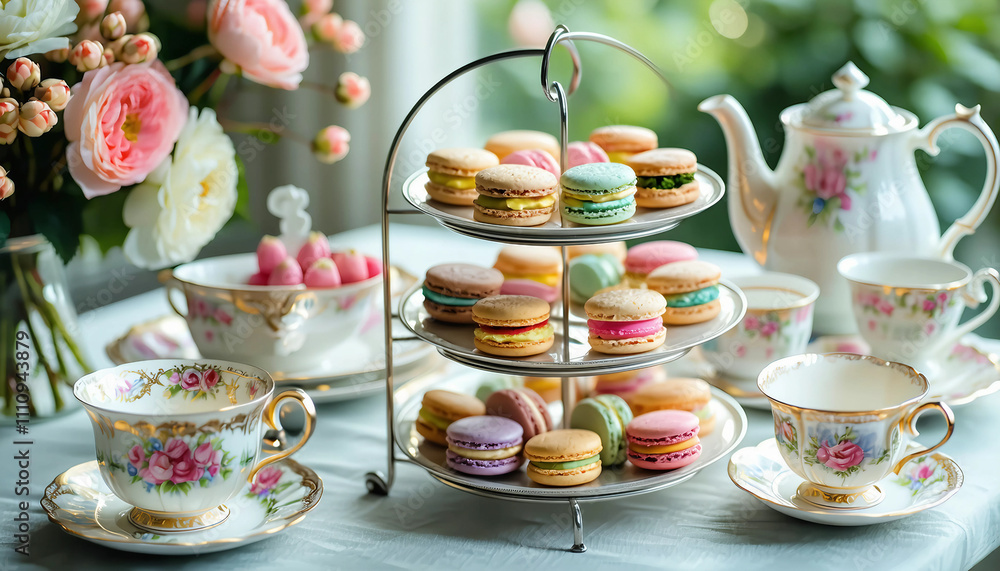 A luxurious high-tea setup featuring a multi-tiered tray filled with finger sandwiches, scones with A luxurious high-tea setup featuring a multi-tiered tray filled with finger sandwiches, scones with