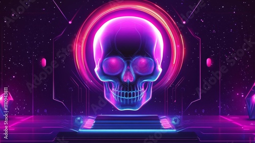 Futuristic glowing digital skull composition background