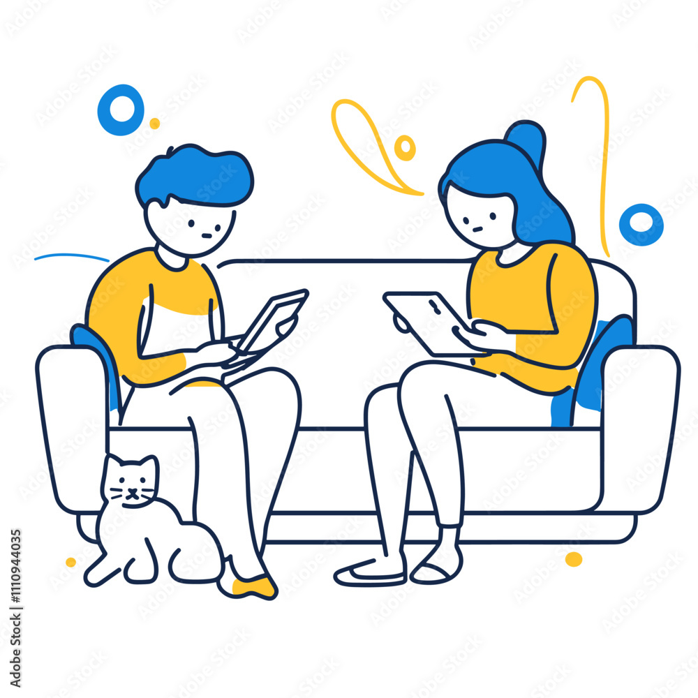 vector line art illustration of two people sitting on a sofa with their phones a cat sitting next to them on a white background . Generative AI vector line art illustration of two people sitting on a sofa with their phones a cat sitting next to them on a white background . Generative AI