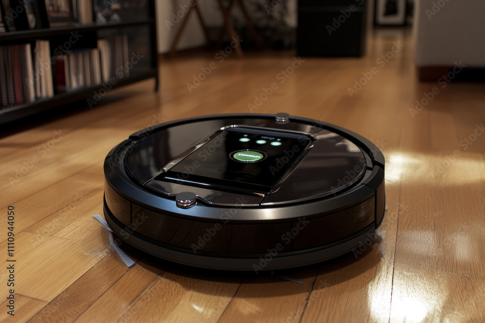 Black robotic vacuum cleaner is cleaning hardwood floor in a cozy living room with natural light Black robotic vacuum cleaner is cleaning hardwood floor in a cozy living room with natural light