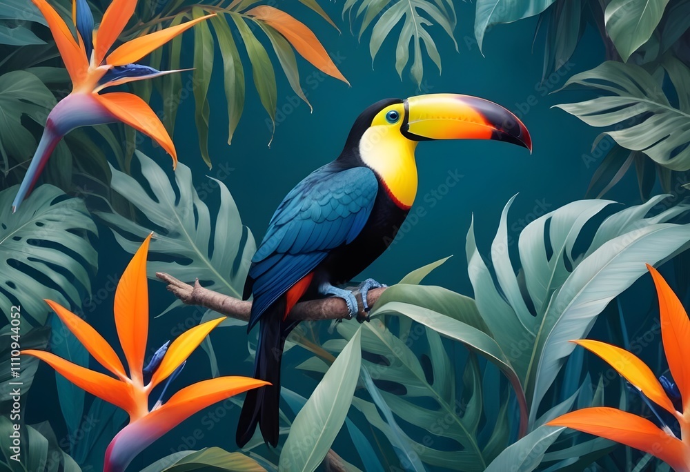 Tropical exotic pattern with animal and flowers in bright colors and lush vegetationn Tropical exotic pattern with animal and flowers in bright colors and lush vegetationn
