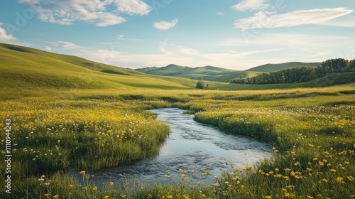 Tranquil Rural Serenity, a peaceful rural landscape featuring rolling hills, a gentle stream flowing through, and vibrant wildflowers dotting the scenery.