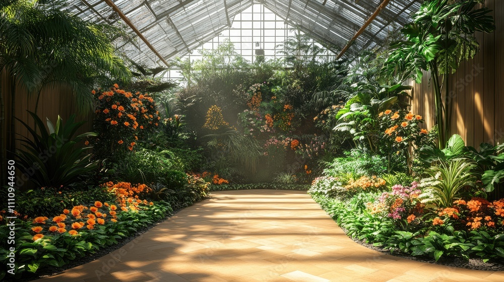 Lush greenhouse filled with vibrant flowers and greenery, creating a serene atmosphere. Lush greenhouse filled with vibrant flowers and greenery, creating a serene atmosphere.