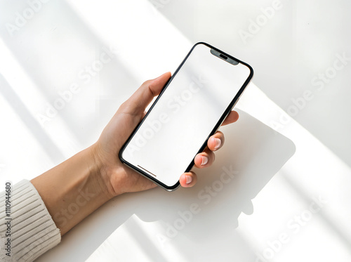 Hand holding Smartphone screen mockup, Mobile phone, finger tapping, pointing on white background