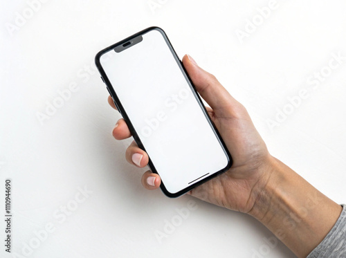 Hand holding Smartphone screen mockup, Mobile phone, finger tapping, pointing on white background