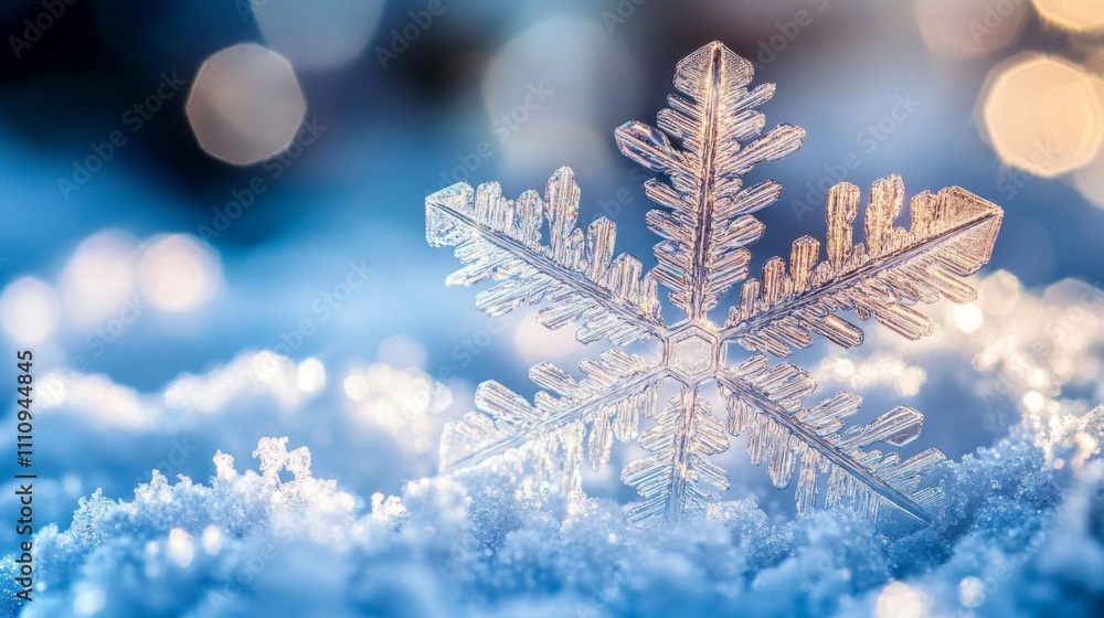 A Detailed Close-Up of a Snowflake Resting on Fresh Snow A Detailed Close-Up of a Snowflake Resting on Fresh Snow