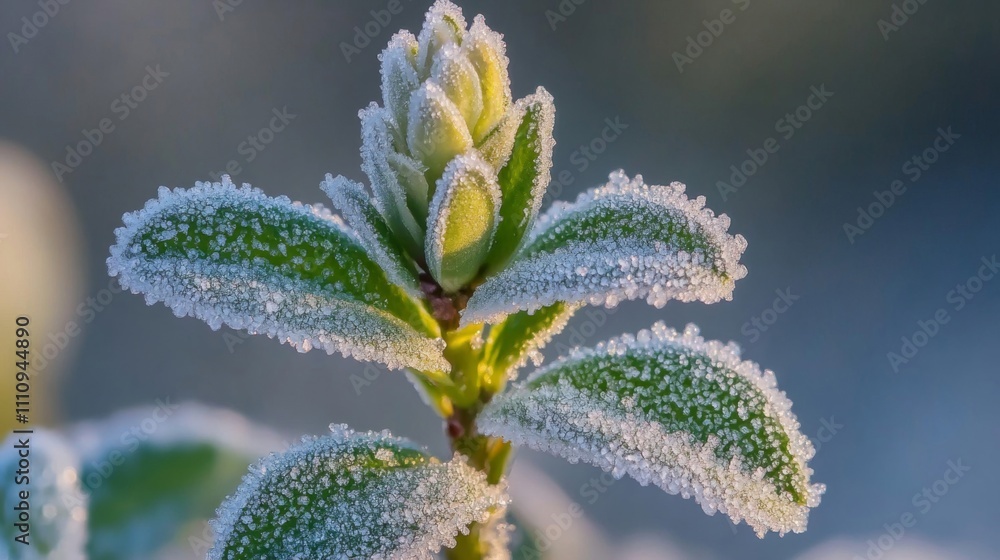 Frost-Covered Plant with Delicate Green Leaves Frost-Covered Plant with Delicate Green Leaves