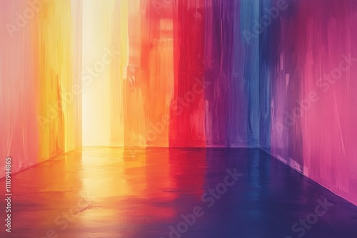 Vibrant colors reflecting on a shiny floor in an empty room, illuminated by a bright light source