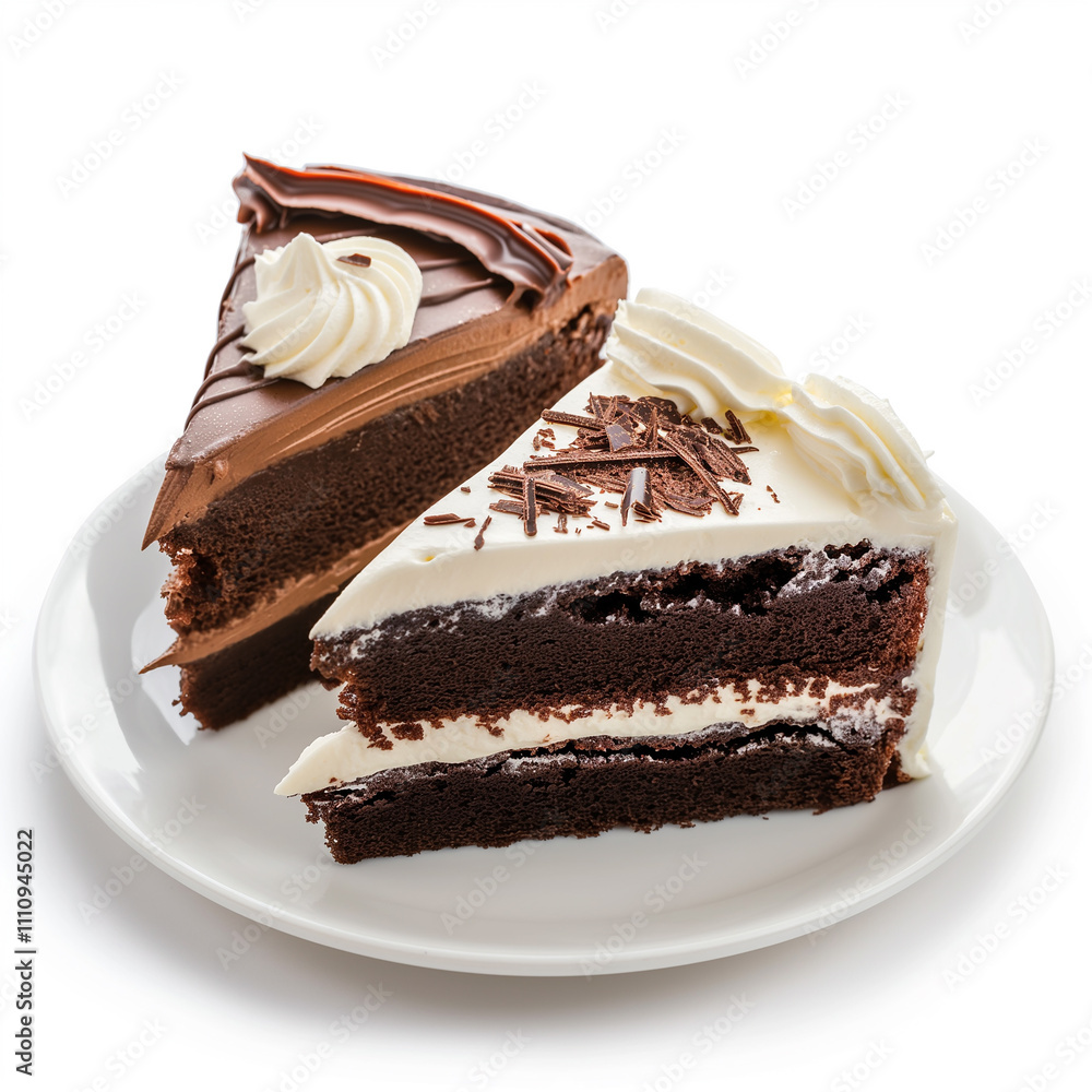 Cake pieces, fresh dark chocolate and coffee, isolated on white background Cake pieces, fresh dark chocolate and coffee, isolated on white background
