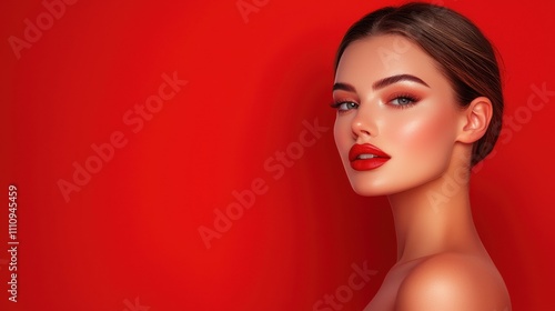 Elegant model showcases striking beauty with vibrant red lips against a bold red backdrop for a captivating beauty campaign