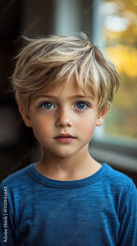 Young boy with tousled blonde hair and striking blue eyes gazes thoughtfully near a window on a sunny afternoon Young boy with tousled blonde hair and striking blue eyes gazes thoughtfully near a window on a sunny afternoon